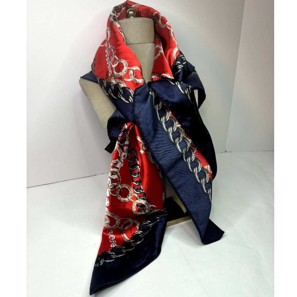 Express Silk Square Monogram Logo Chain Multicolor Scarf Womens Blue Red NWT - Picture 2 of 10